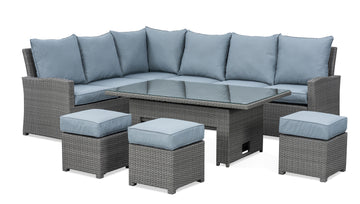 VINN L-Shaped corner rattan premium lounge dining set with 3 stools - rising table in dark grey rattan