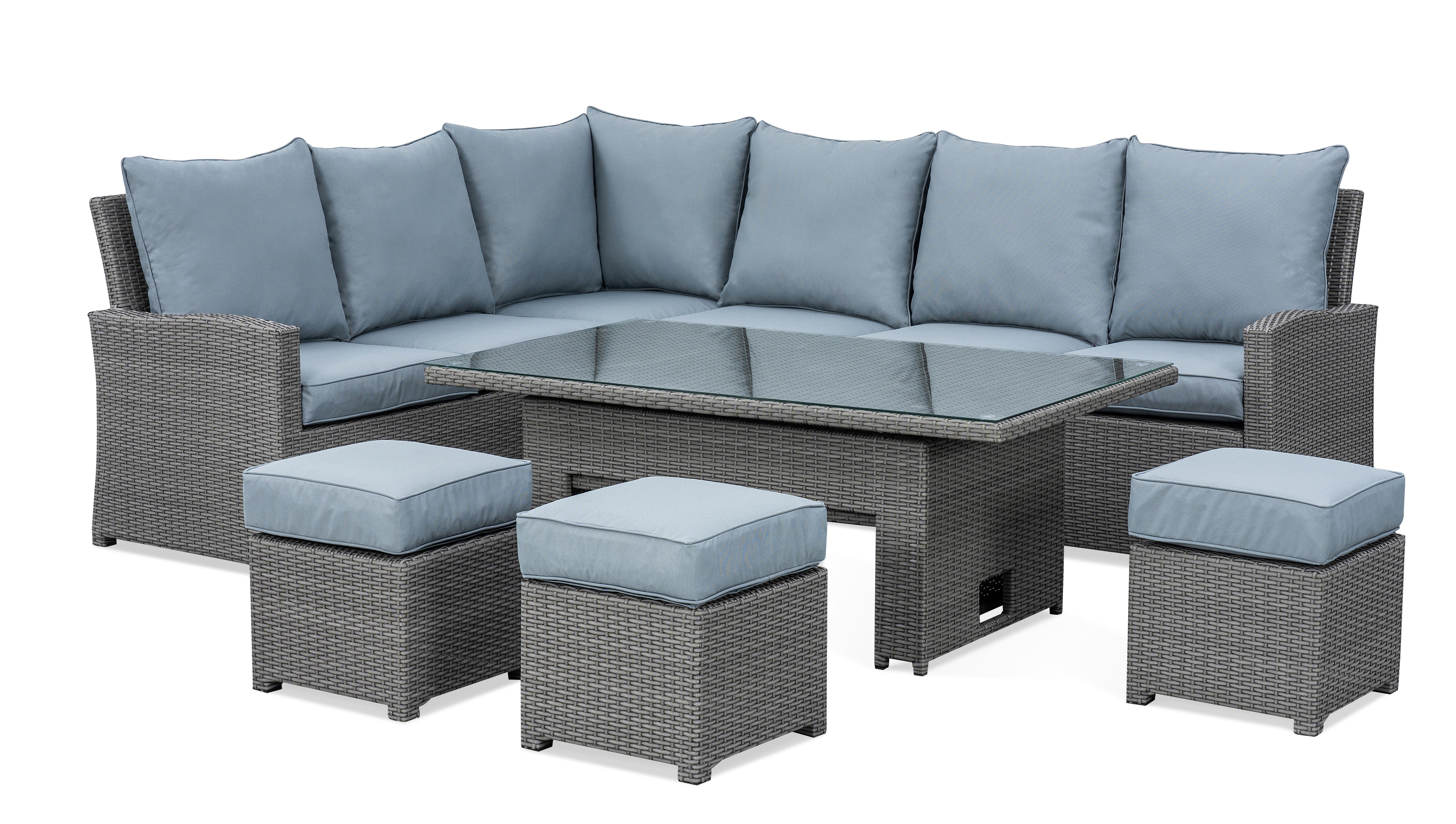VINN L-Shaped corner rattan premium lounge dining set with 3 stools - rising table in dark grey rattan