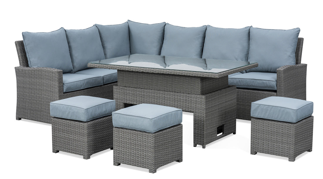 VINN L-Shaped corner rattan premium lounge dining set with 3 stools - rising table in dark grey rattan