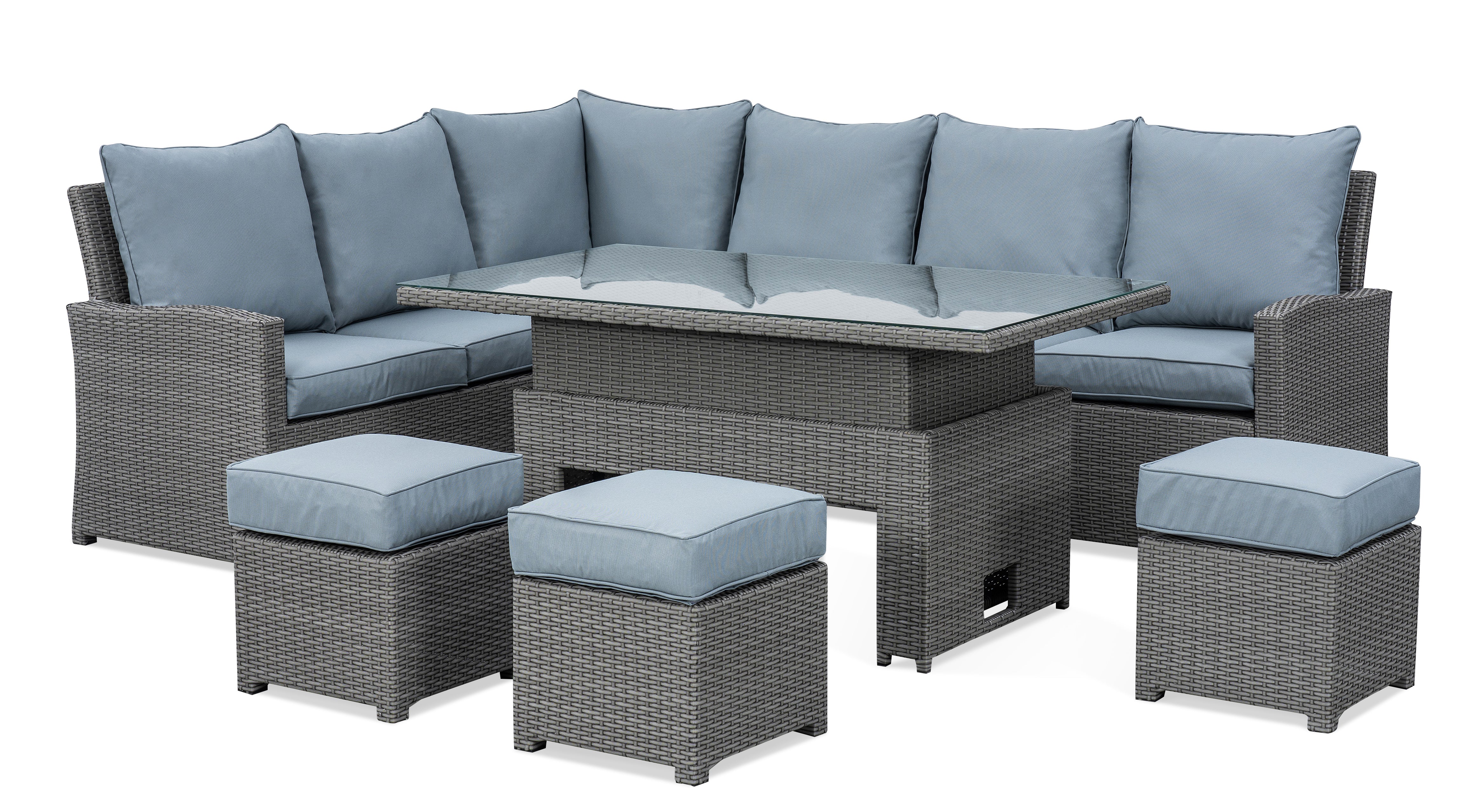 VINN L-Shaped corner rattan premium lounge dining set with 3 stools - rising table in dark grey rattan