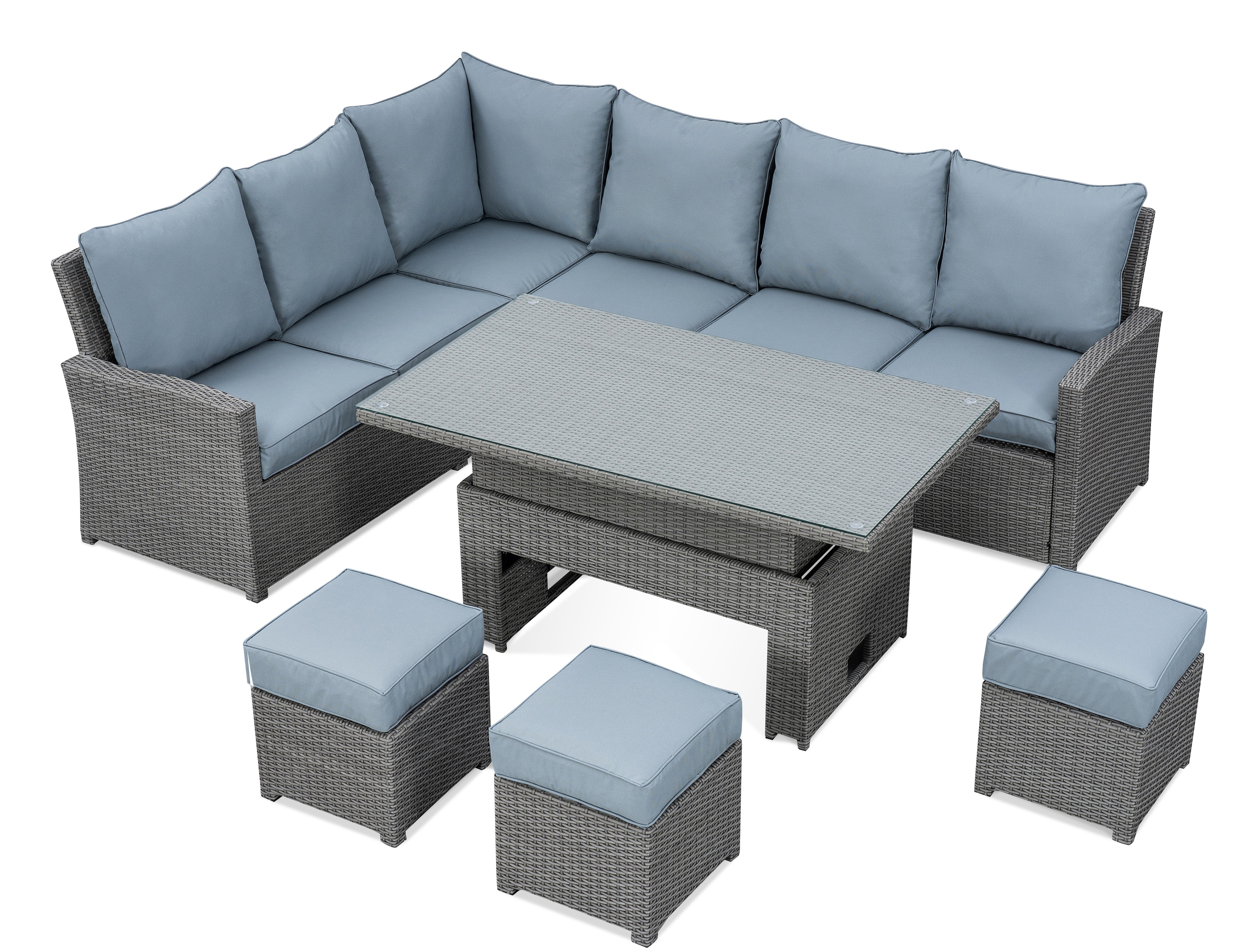 VINN L-Shaped corner rattan premium lounge dining set with 3 stools - rising table in dark grey rattan