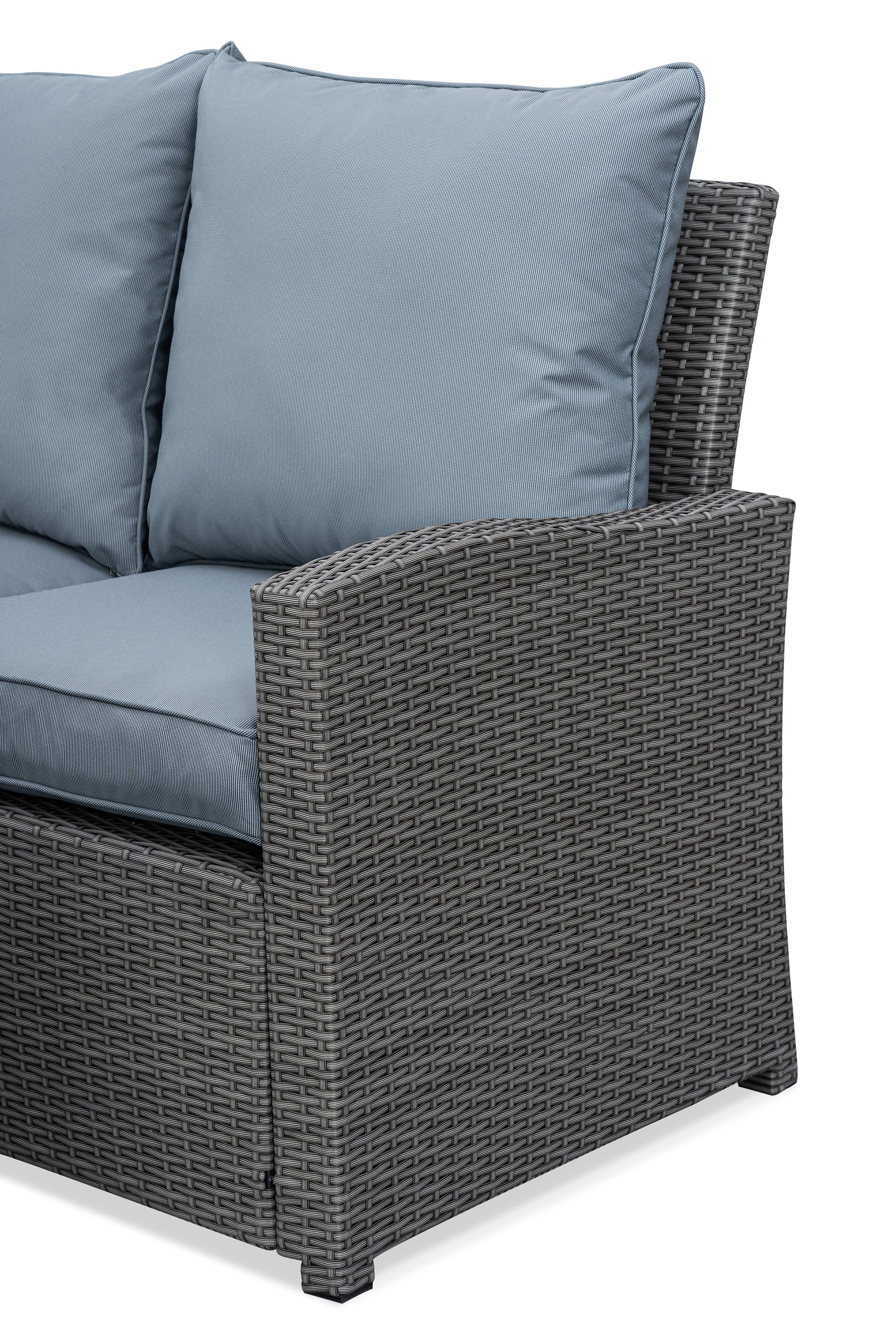 VINN L-Shaped corner rattan premium lounge dining set with 3 stools - rising table in dark grey rattan