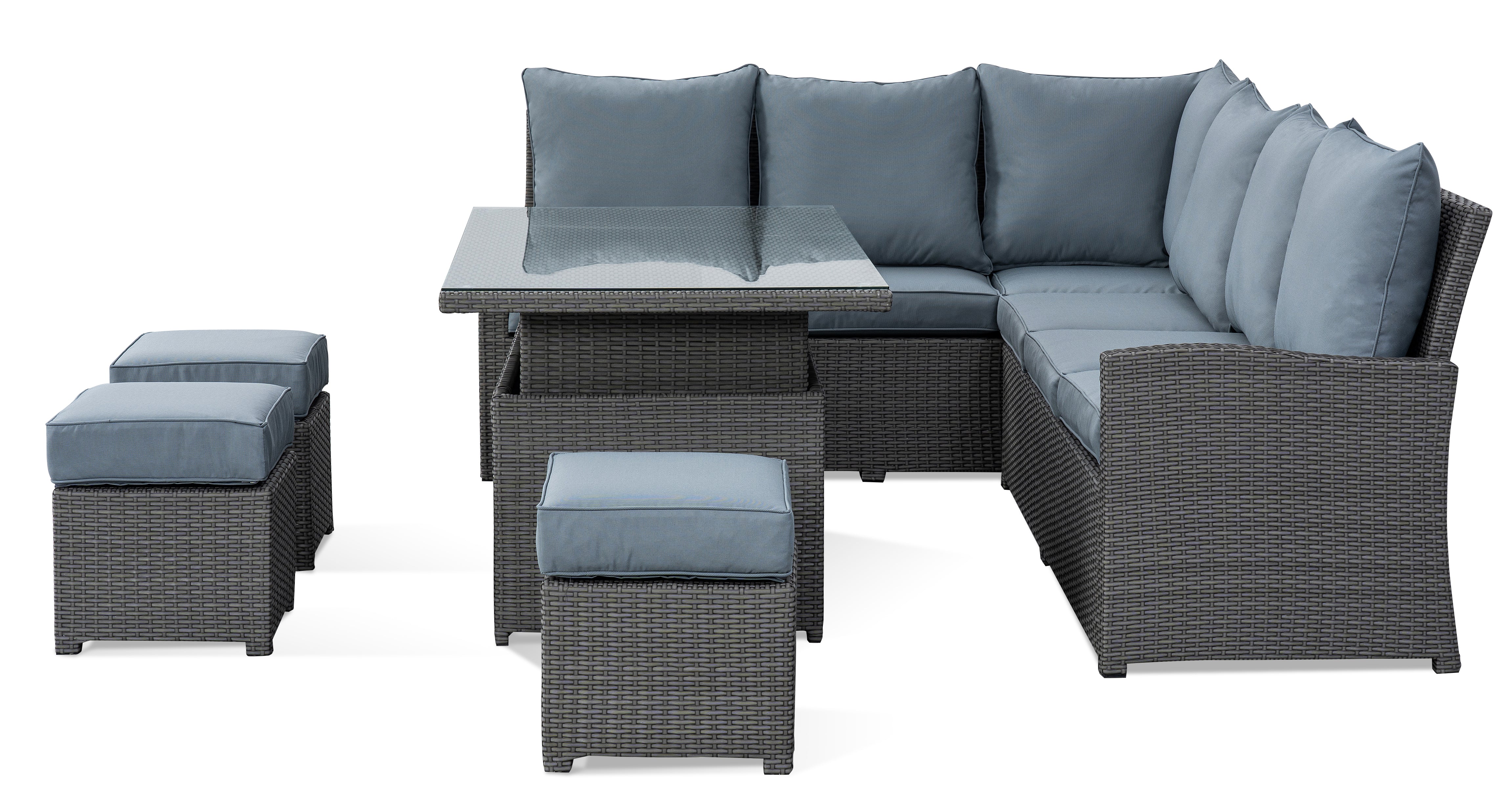 VINN L-Shaped corner rattan premium lounge dining set with 3 stools - rising table in dark grey rattan