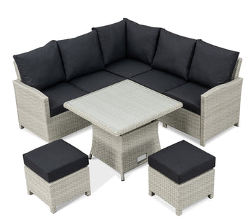 BINNI compact corner rattan premium lounge dining set with 2 stools -  rising table in light grey rattan