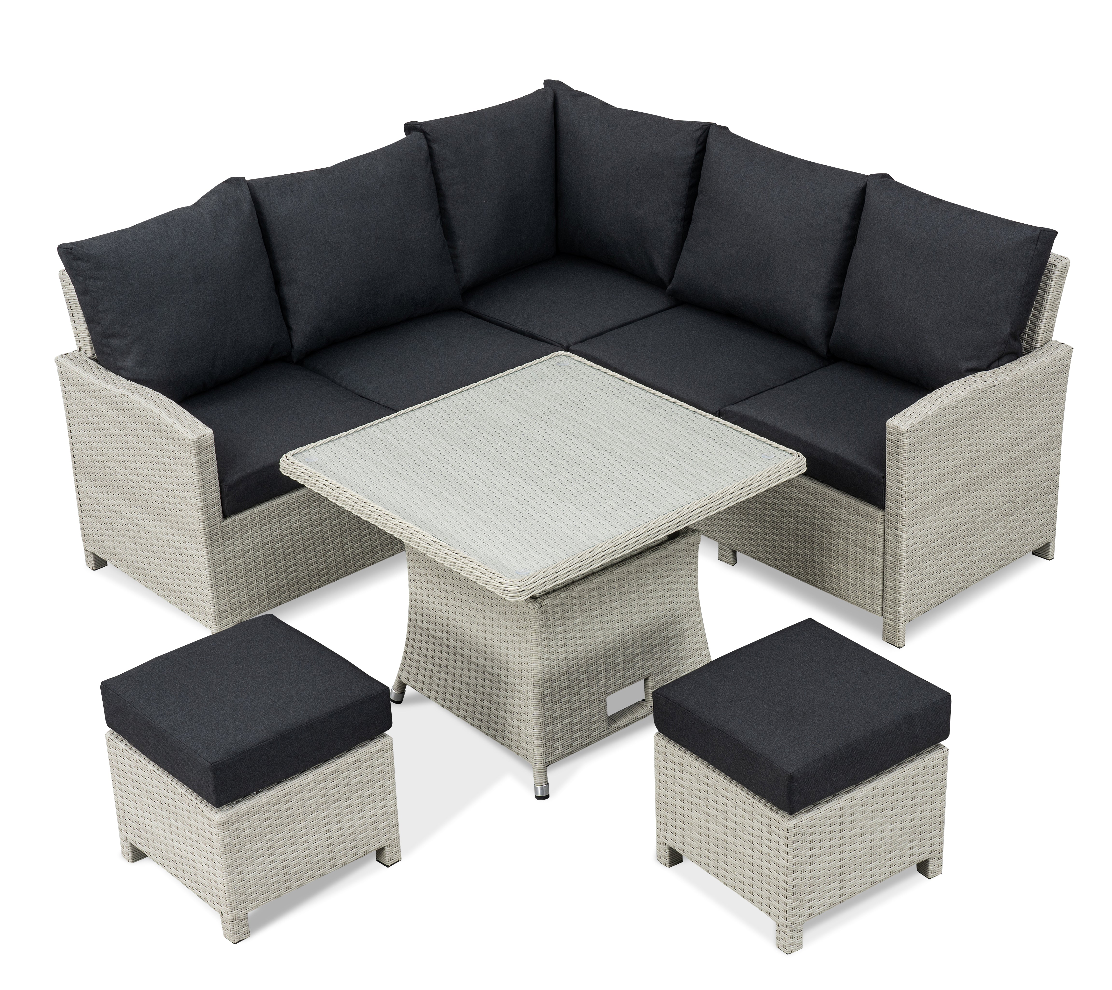 BINNI compact corner rattan premium lounge dining set with 2 stools -  rising table in light grey rattan