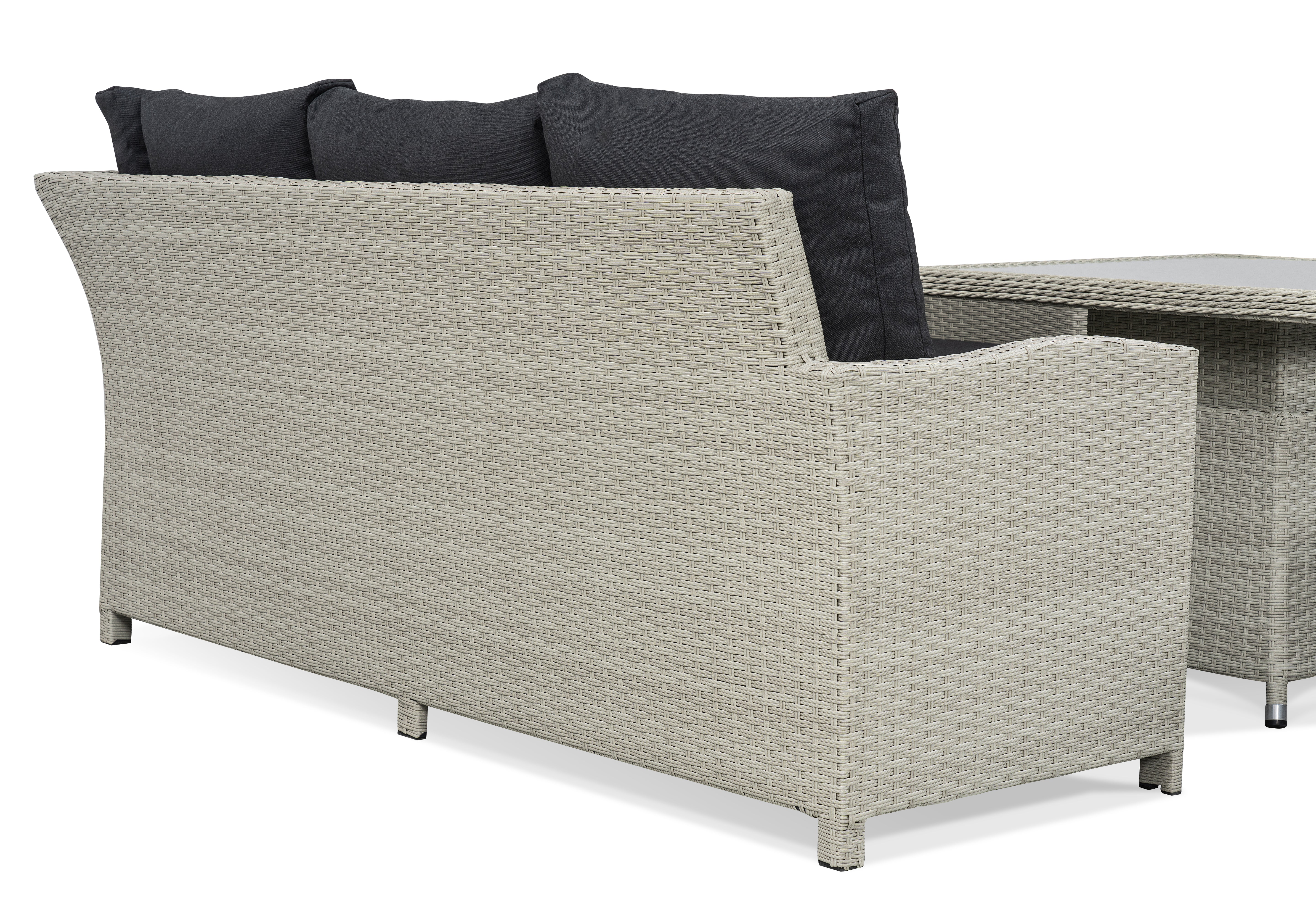 BINNI compact corner rattan premium lounge dining set with 2 stools -  rising table in light grey rattan
