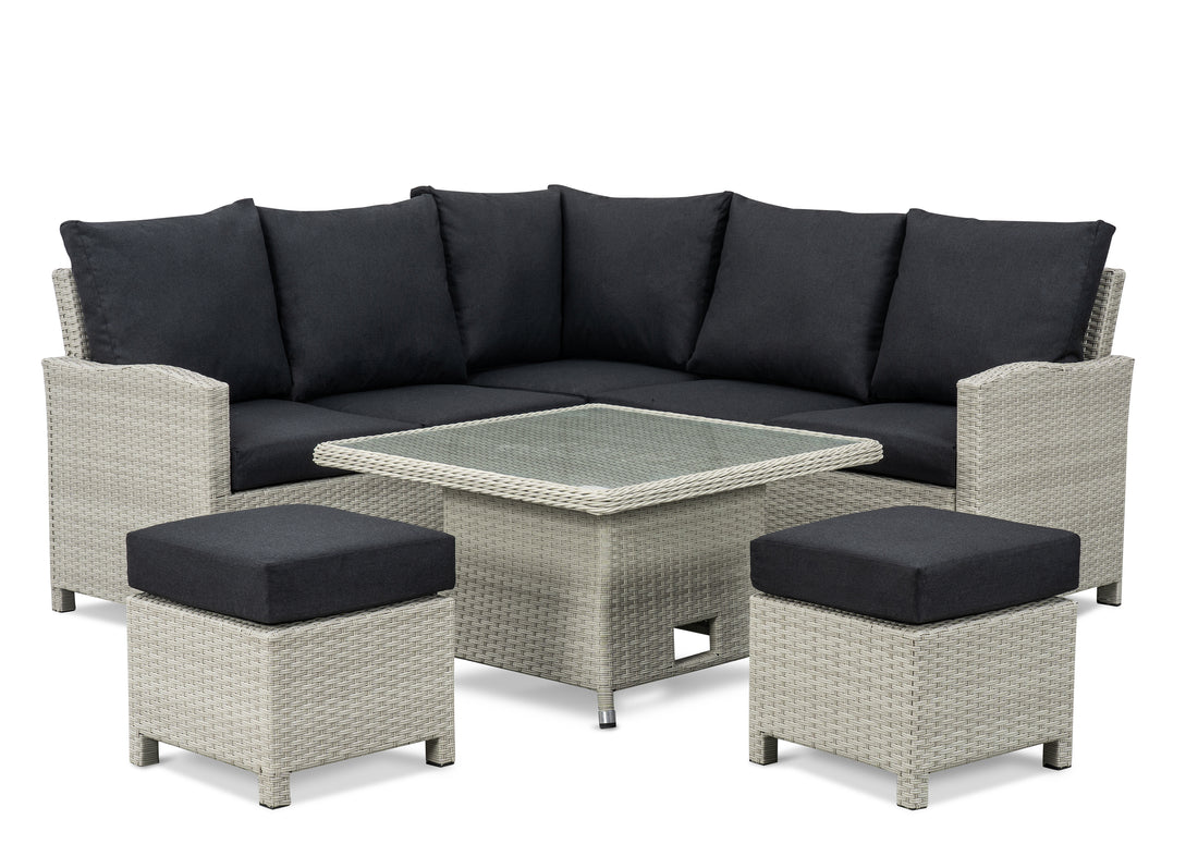 BINNI compact corner rattan premium lounge dining set with 2 stools -  rising table in light grey rattan