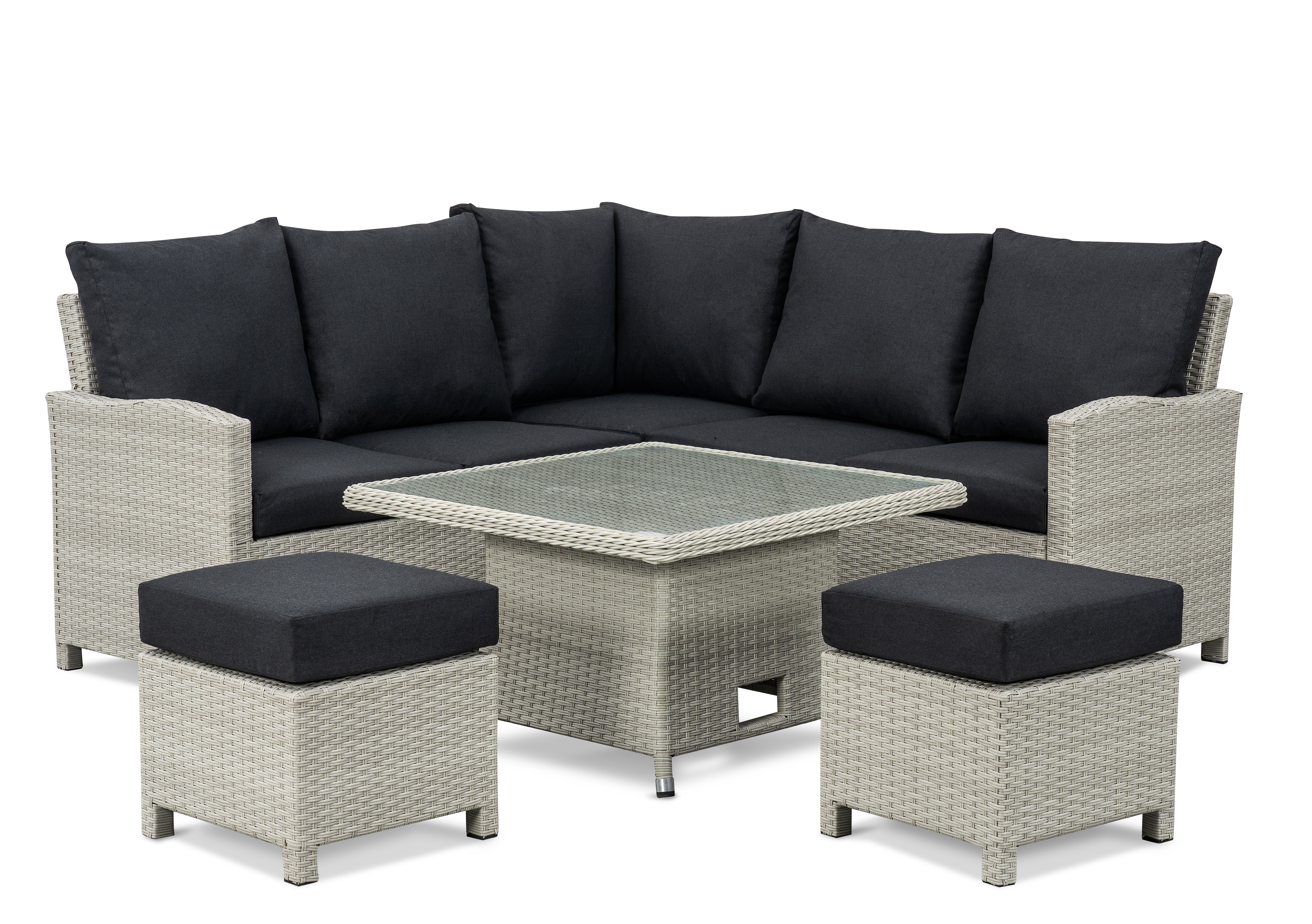 BINNI compact corner rattan premium lounge dining set with 2 stools -  rising table in light grey rattan