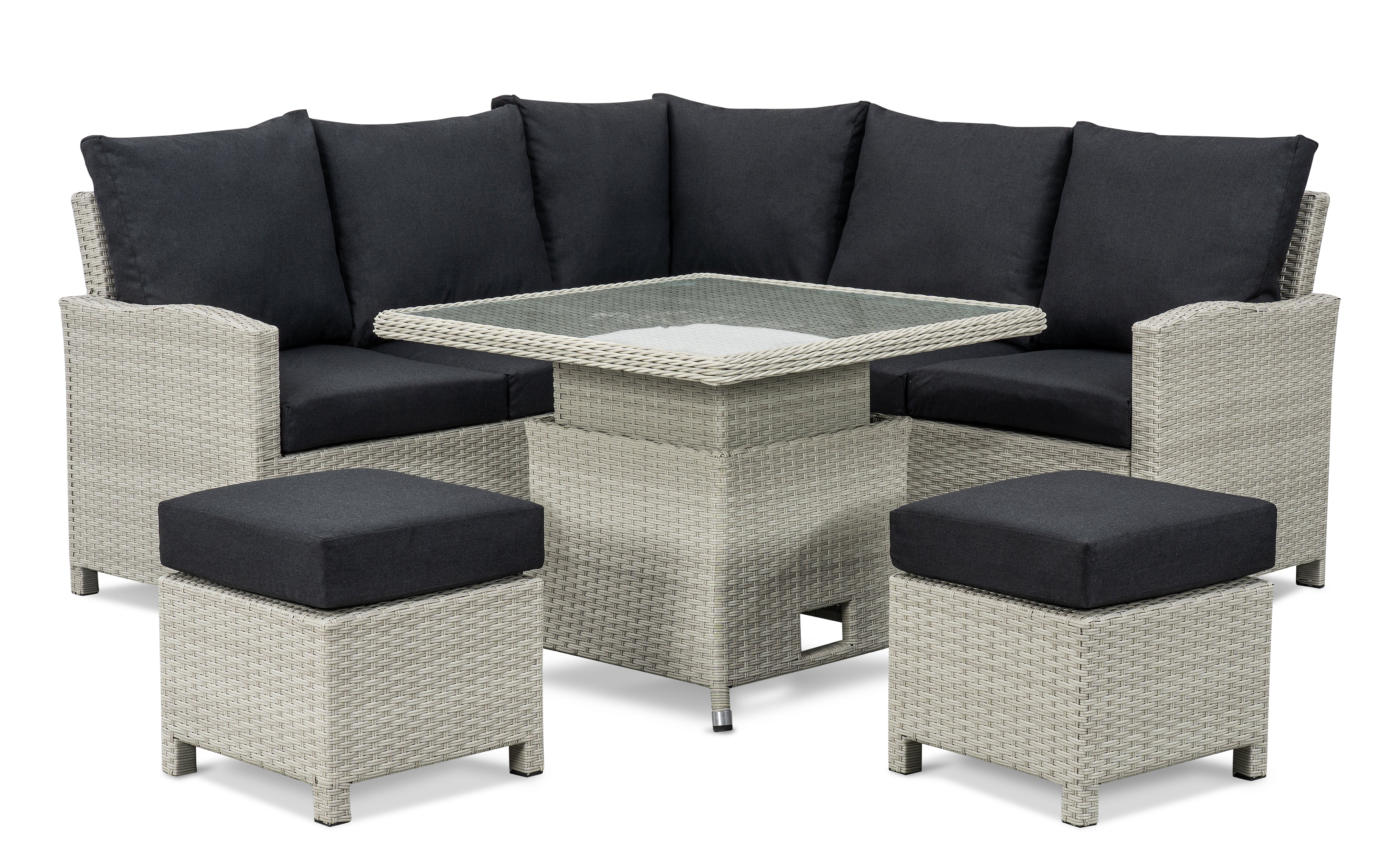 BINNI compact corner rattan premium lounge dining set with 2 stools -  rising table in light grey rattan
