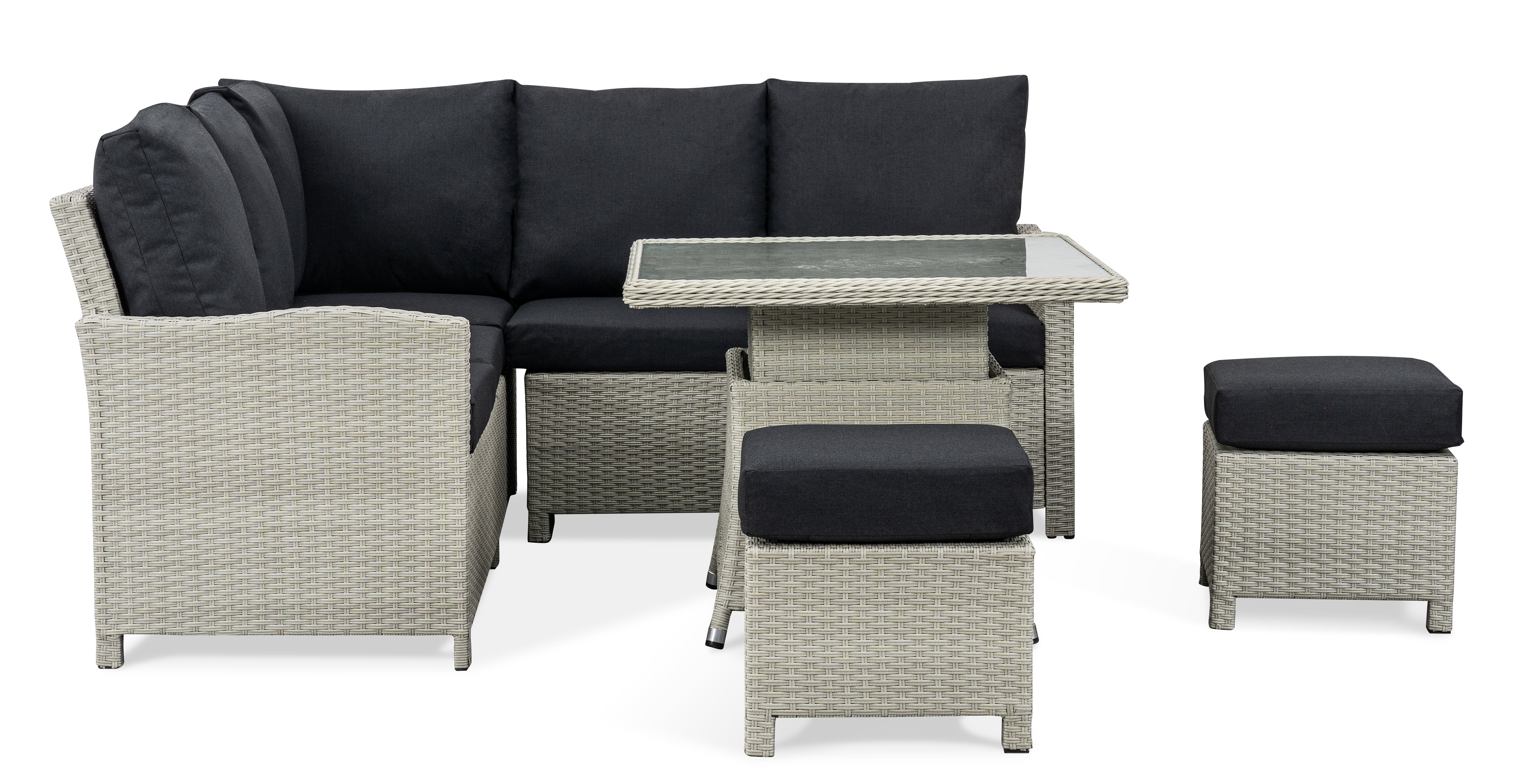 BINNI compact corner rattan premium lounge dining set with 2 stools -  rising table in light grey rattan