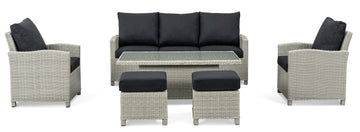 BINNI rattan premium lounge dining set with Sofa & 2 stools & 2 arm chairs -  rising table in light grey rattan