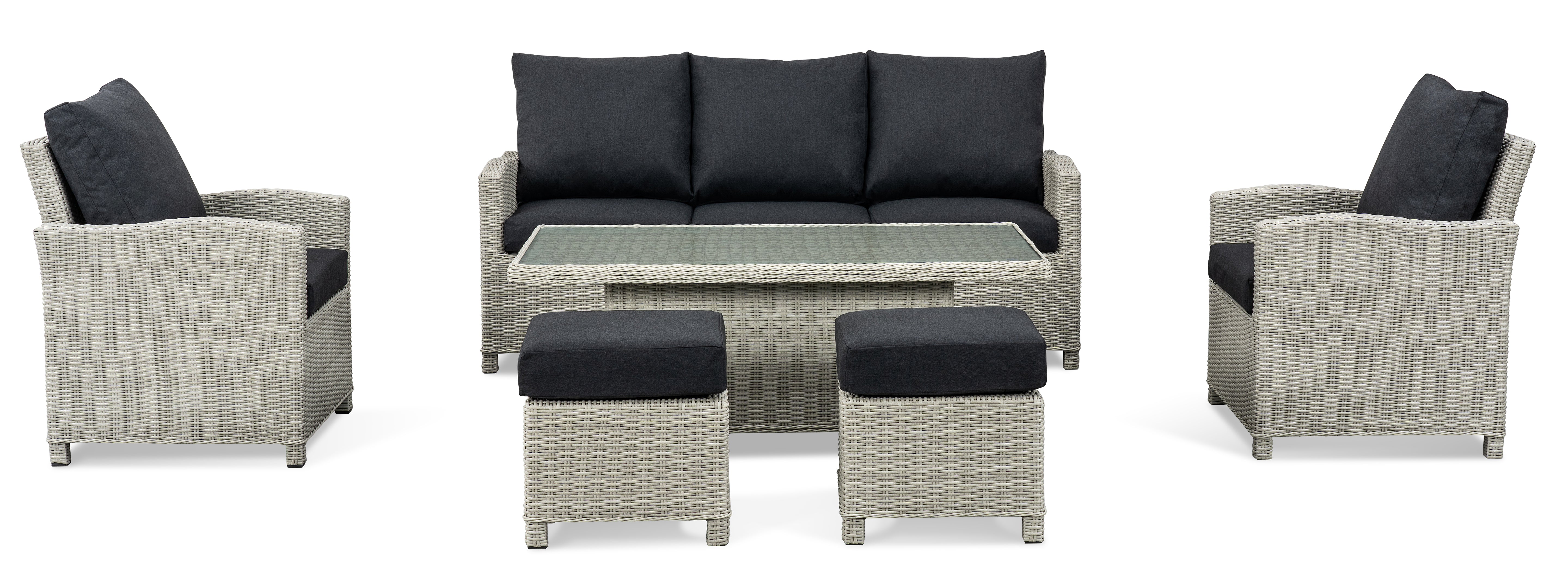 BINNI rattan premium lounge dining set with Sofa & 2 stools & 2 arm chairs -  rising table in light grey rattan