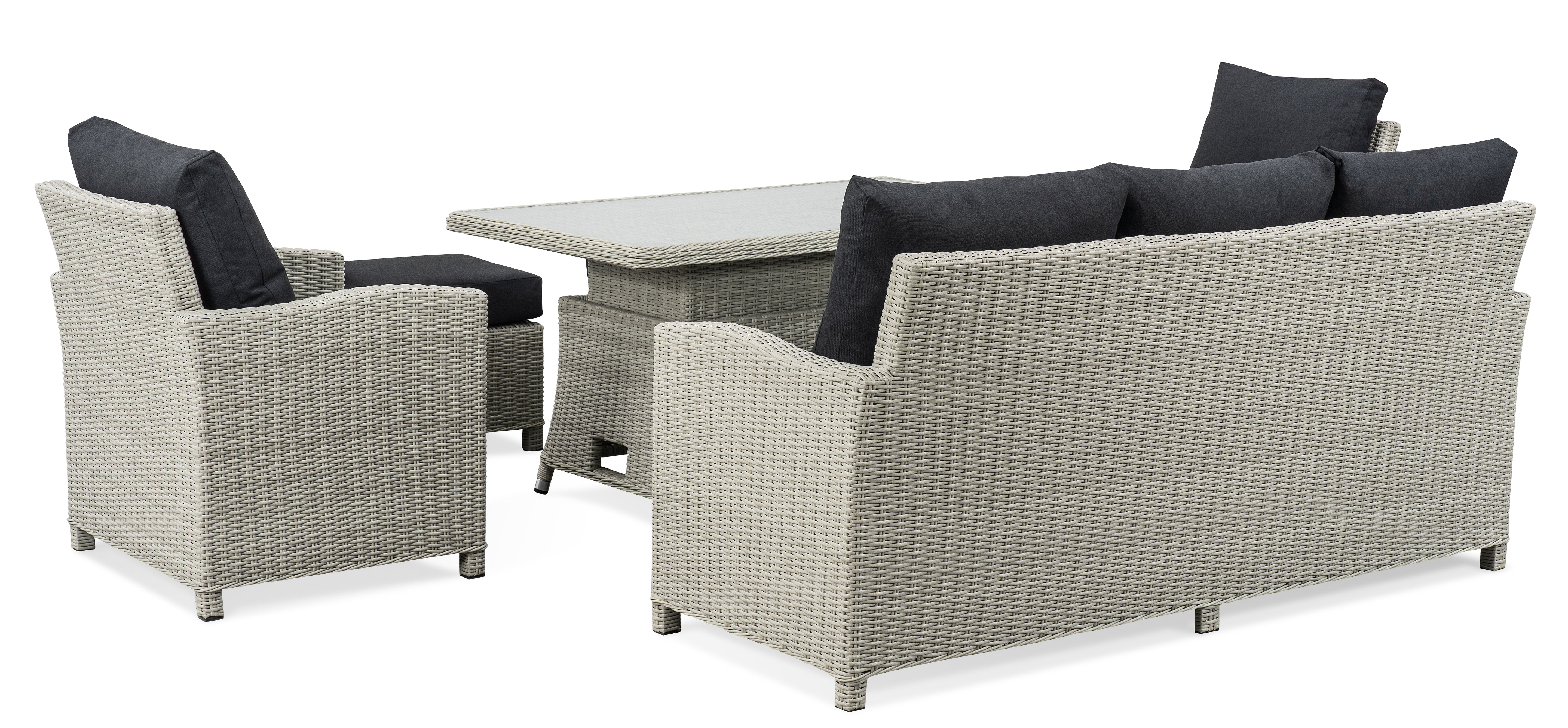 BINNI rattan premium lounge dining set with Sofa & 2 stools & 2 arm chairs -  rising table in light grey rattan