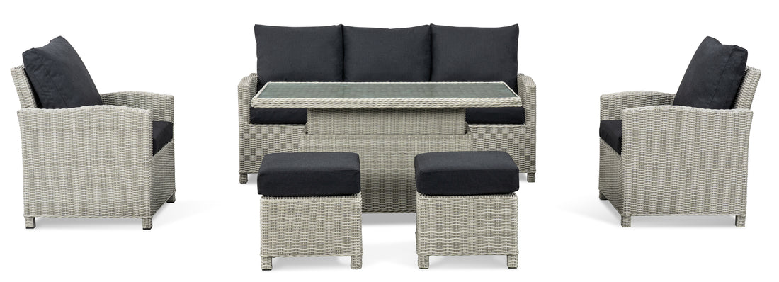 BINNI rattan premium lounge dining set with Sofa & 2 stools & 2 arm chairs -  rising table in light grey rattan