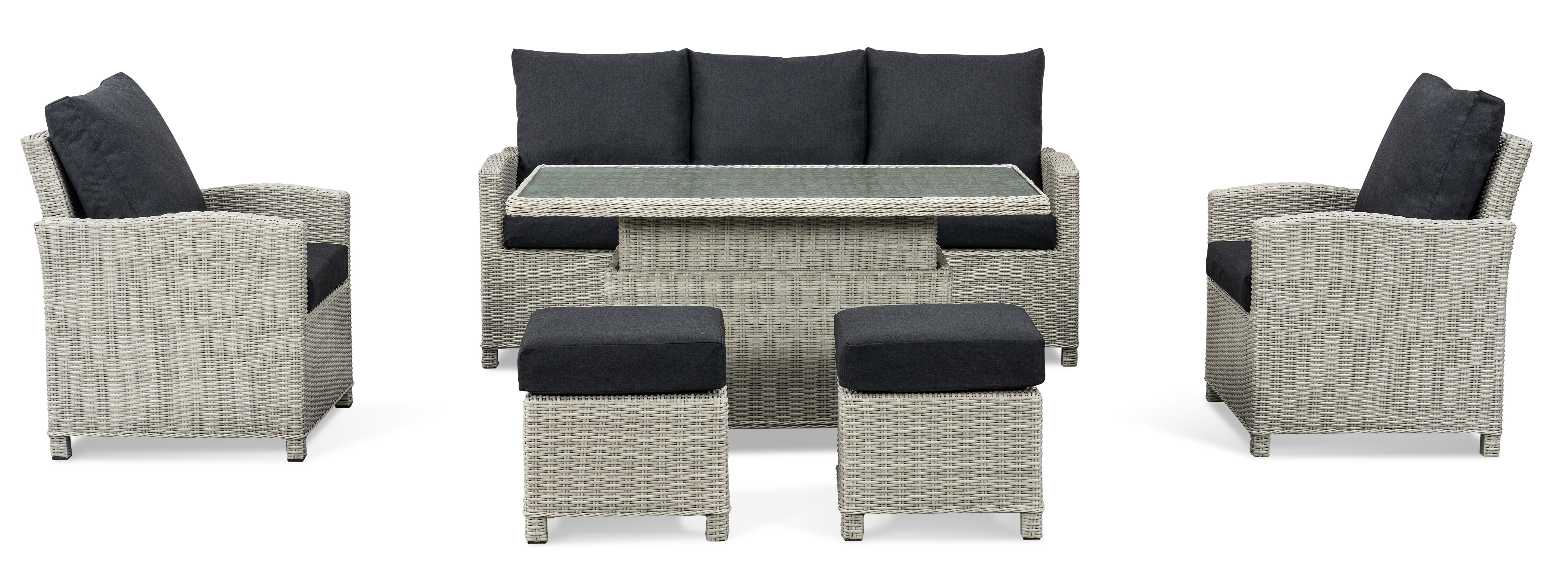 BINNI rattan premium lounge dining set with Sofa & 2 stools & 2 arm chairs -  rising table in light grey rattan