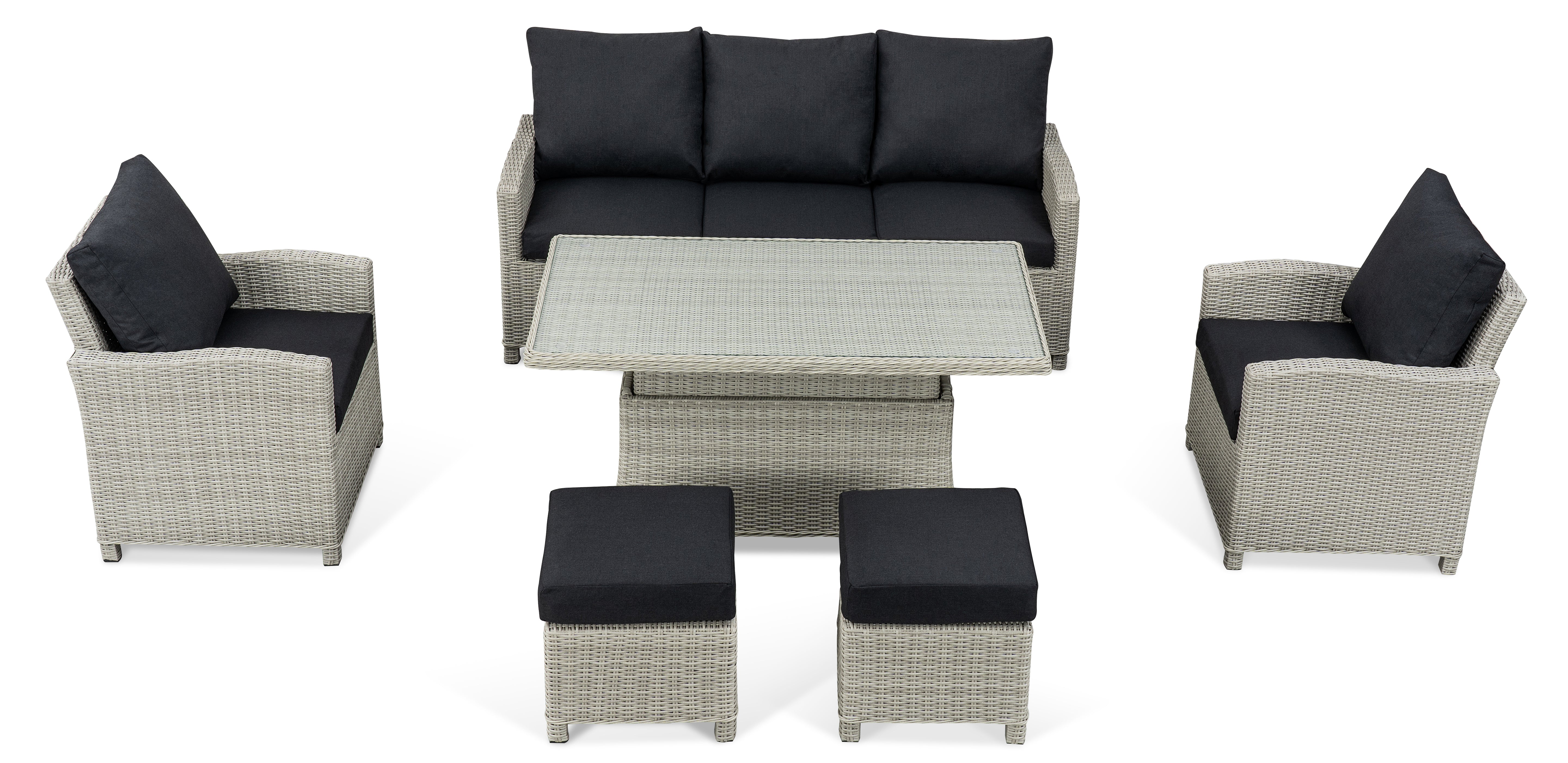 BINNI rattan premium lounge dining set with Sofa & 2 stools & 2 arm chairs -  rising table in light grey rattan