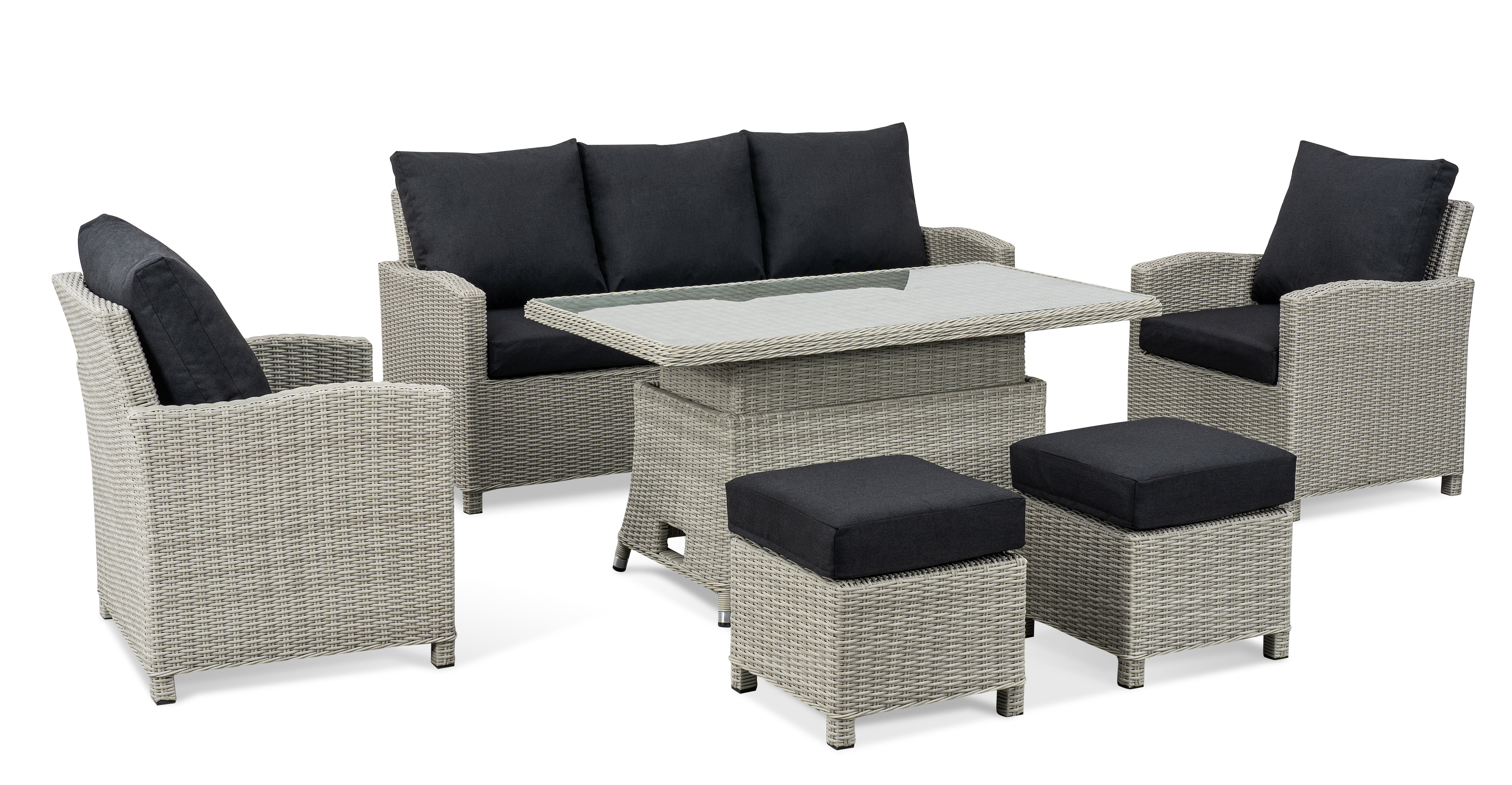 BINNI rattan premium lounge dining set with Sofa & 2 stools & 2 arm chairs -  rising table in light grey rattan