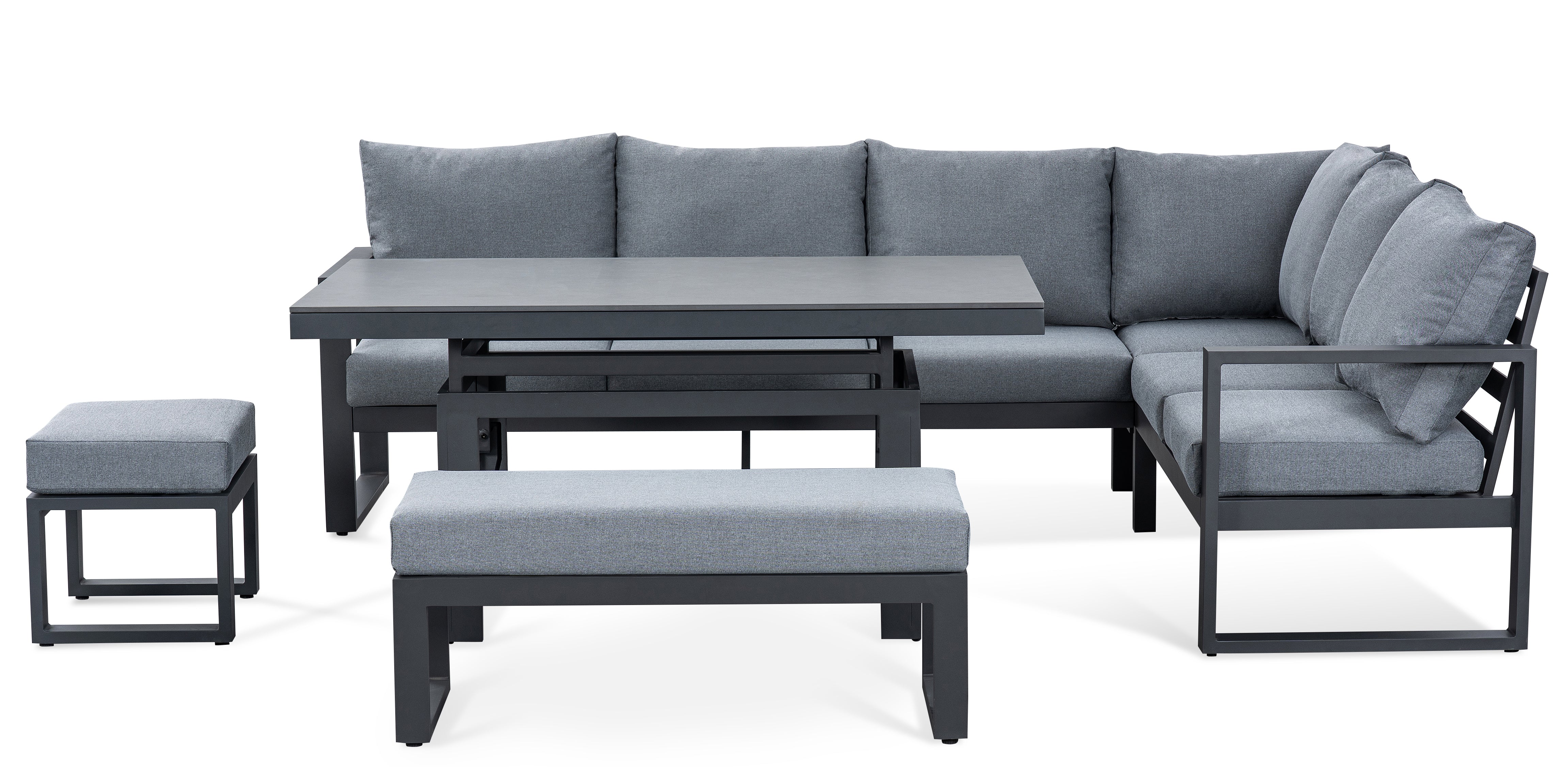 CUBE  L-Shaped corner Aluminium premium lounge dining set with 2 benches- left handed standard table in black