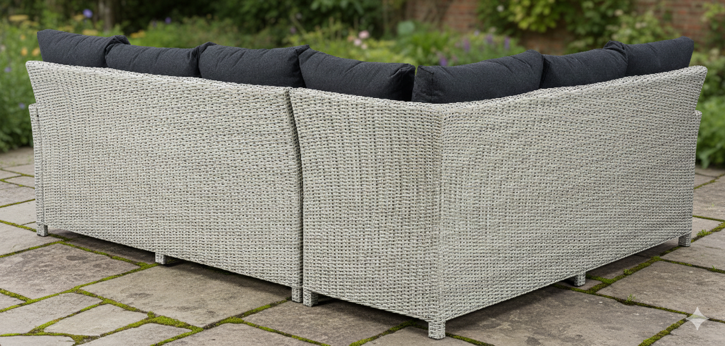 VIELE L-Shaped corner rattan premium lounge dining set with 3 stools - rising table in dark grey rattan