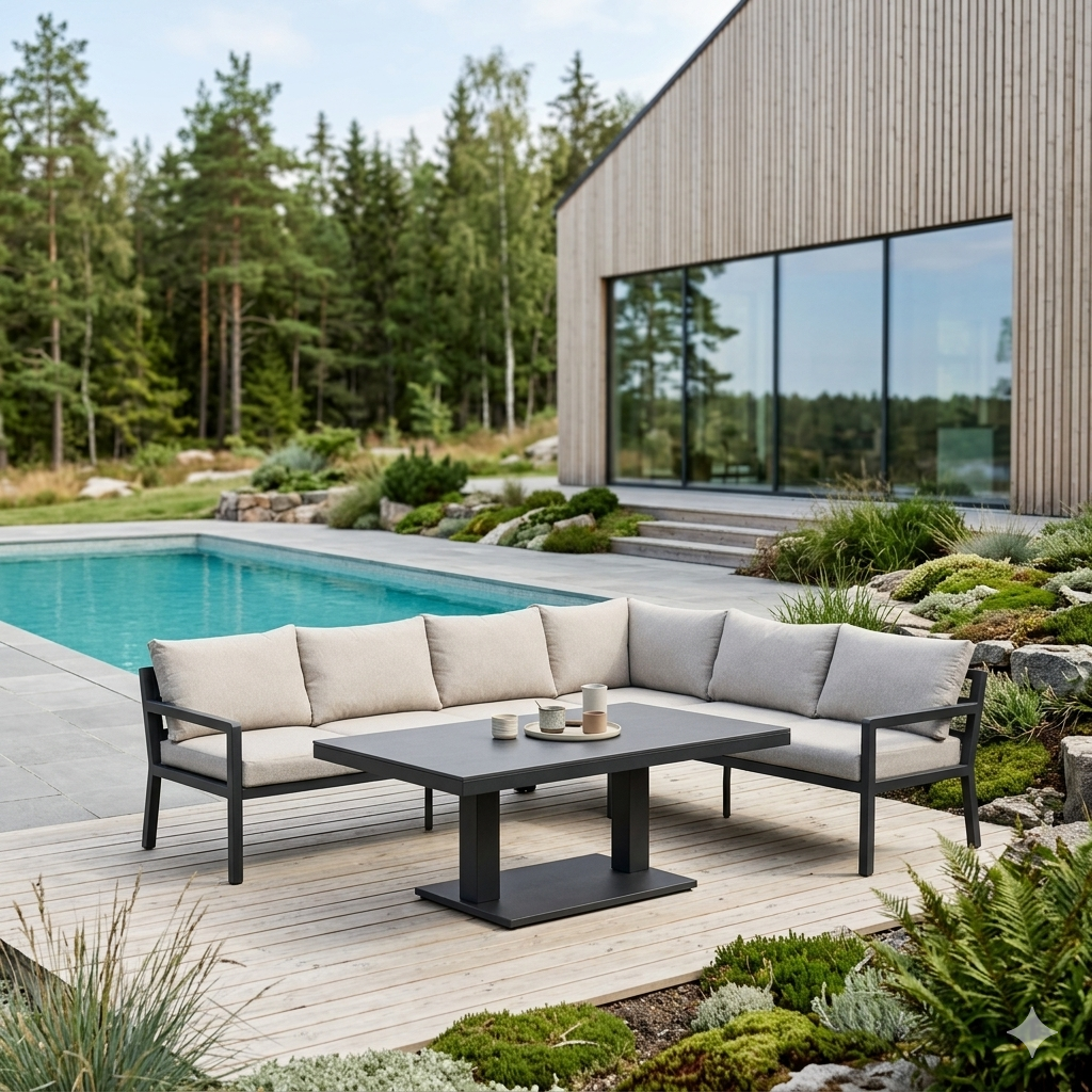 AMIL L-Shaped corner Aluminium premium lounge dining set with 2 arm chairs