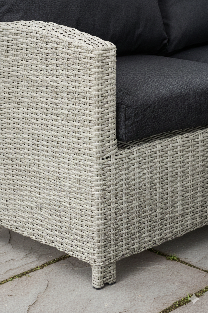 VIELE L-Shaped corner rattan premium lounge dining set with 3 stools - rising table in dark grey rattan