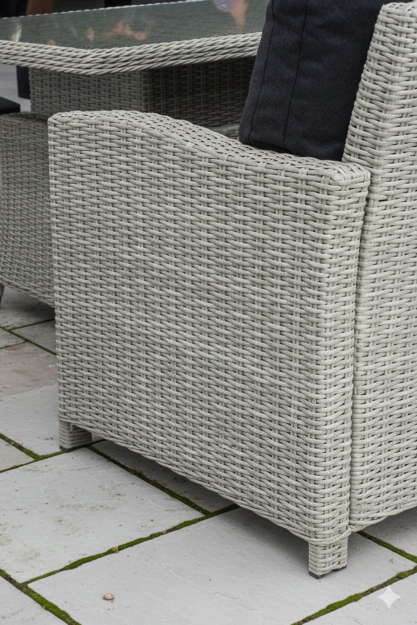 VIELE L-Shaped corner rattan premium lounge dining set with 3 stools - rising table in dark grey rattan