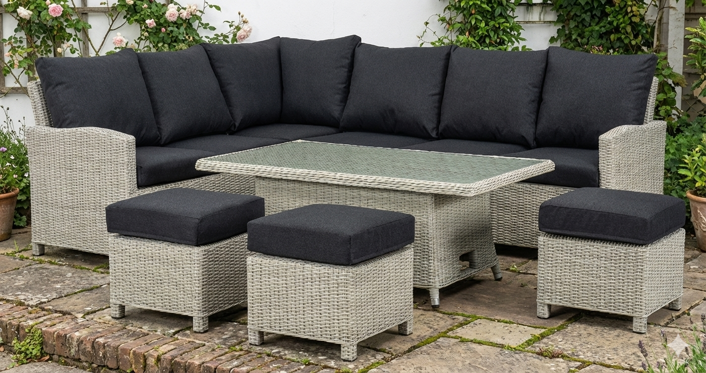 VIELE L-Shaped corner rattan premium lounge dining set with 3 stools - rising table in dark grey rattan