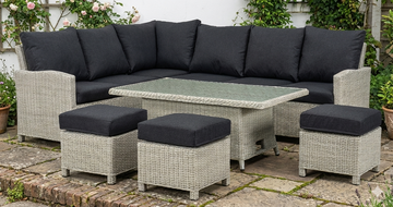 VIELE L-Shaped corner rattan premium lounge dining set with 3 stools - rising table in dark grey rattan
