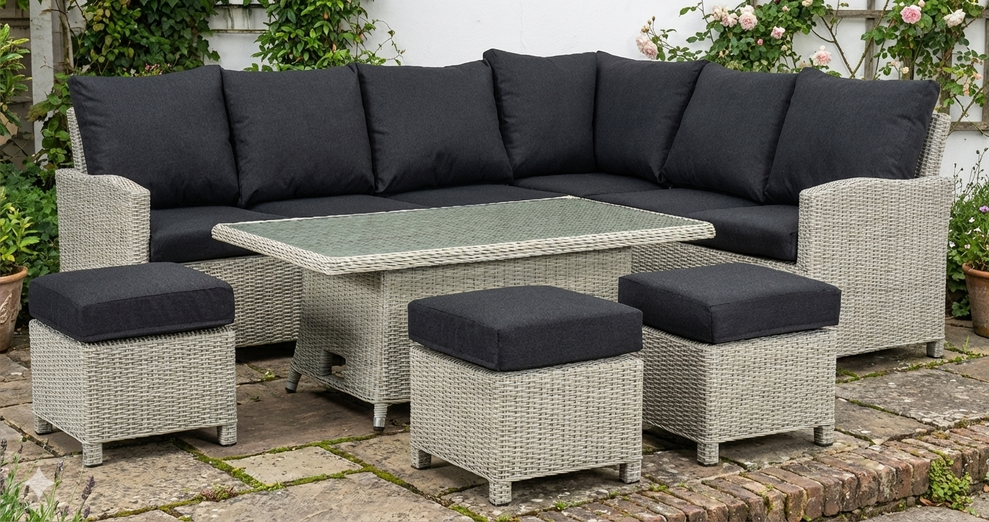 VIELE L-Shaped corner rattan premium lounge dining set with 3 stools - rising table in dark grey rattan