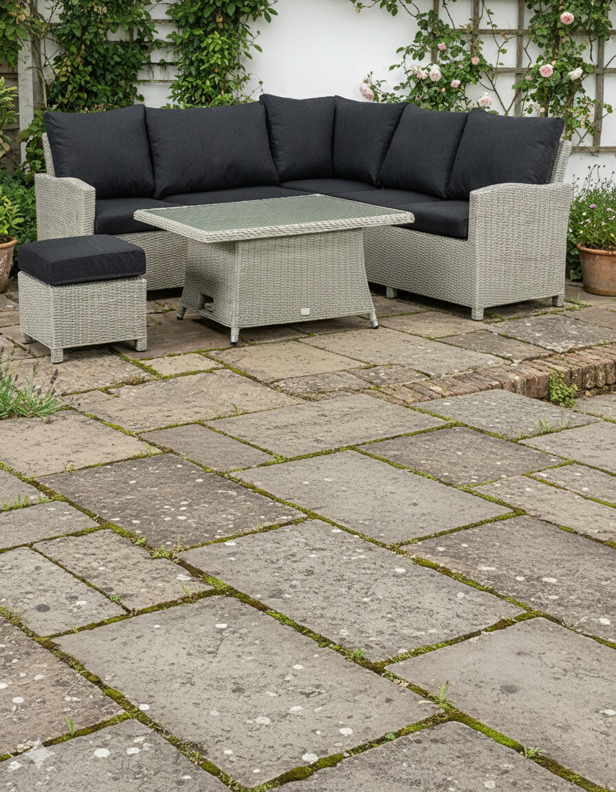 VIELE L-Shaped corner rattan premium lounge dining set with 3 stools - rising table in dark grey rattan