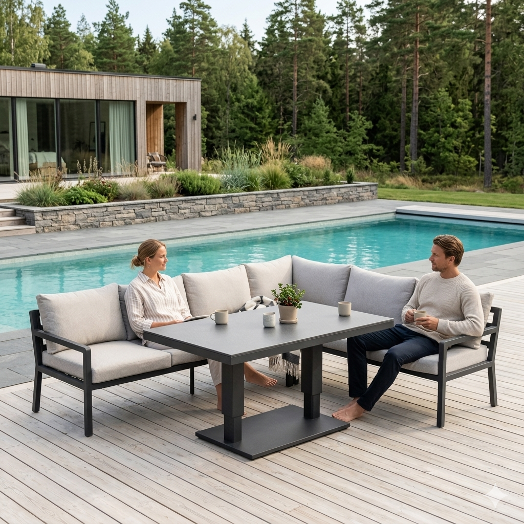 AMIL L-Shaped corner Aluminium premium lounge dining set with 2 arm chairs