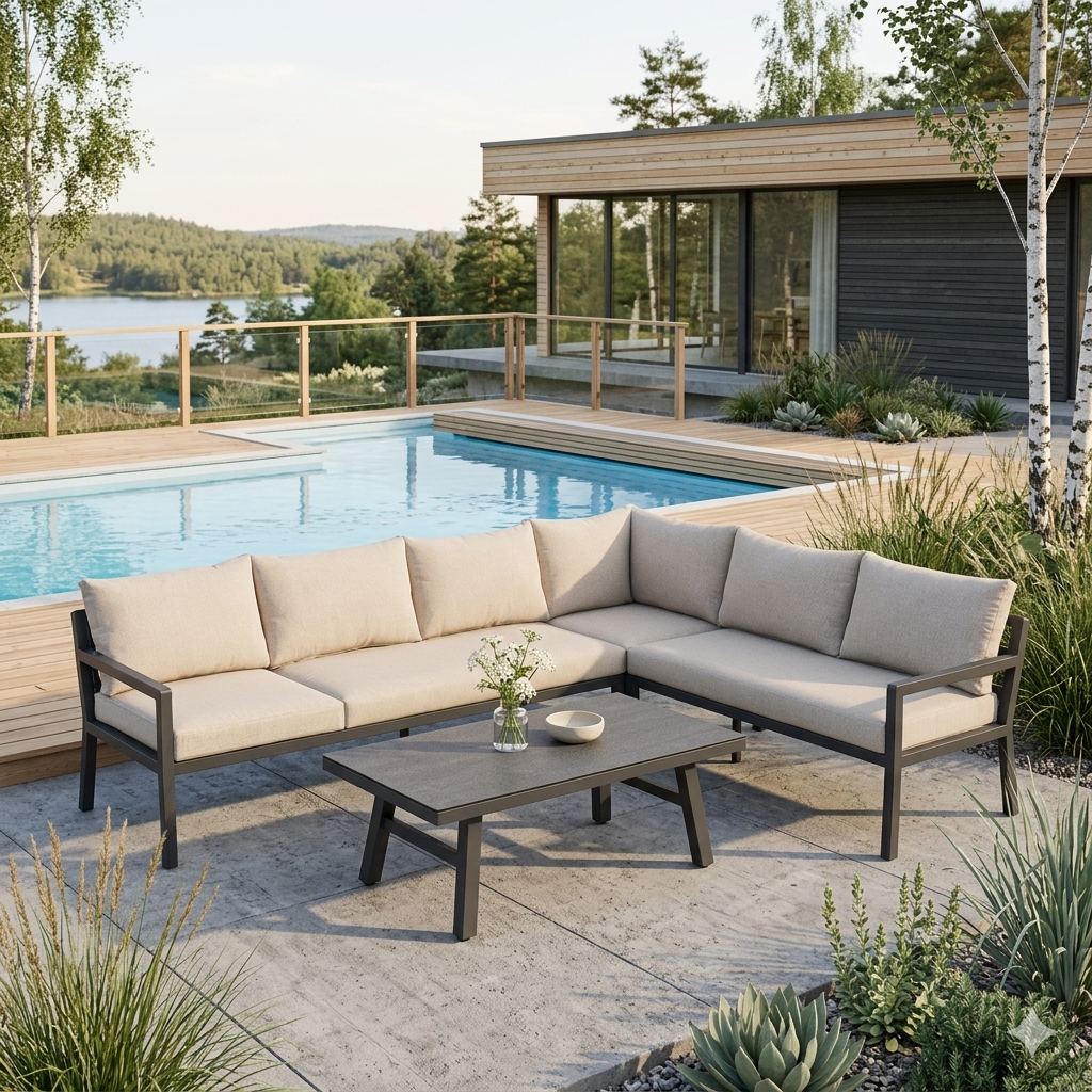 AMIL L-Shaped corner Aluminium premium lounge dining set with 2 arm chairs