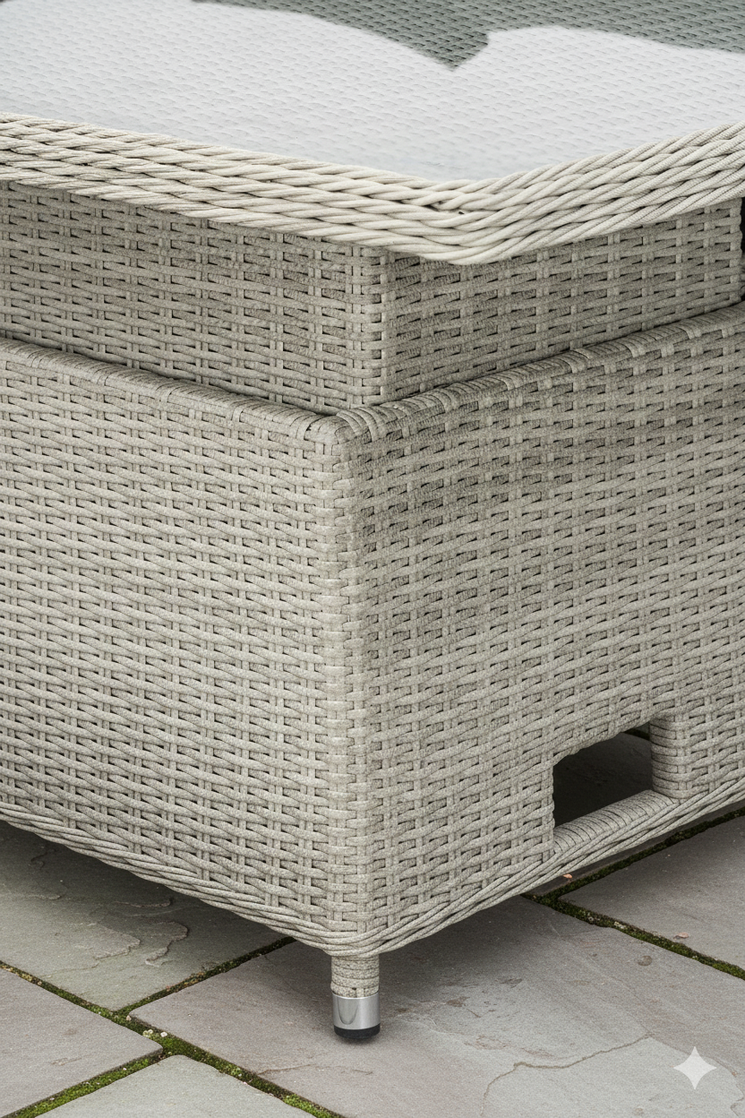 VIELE L-Shaped corner rattan premium lounge dining set with 3 stools - rising table in dark grey rattan