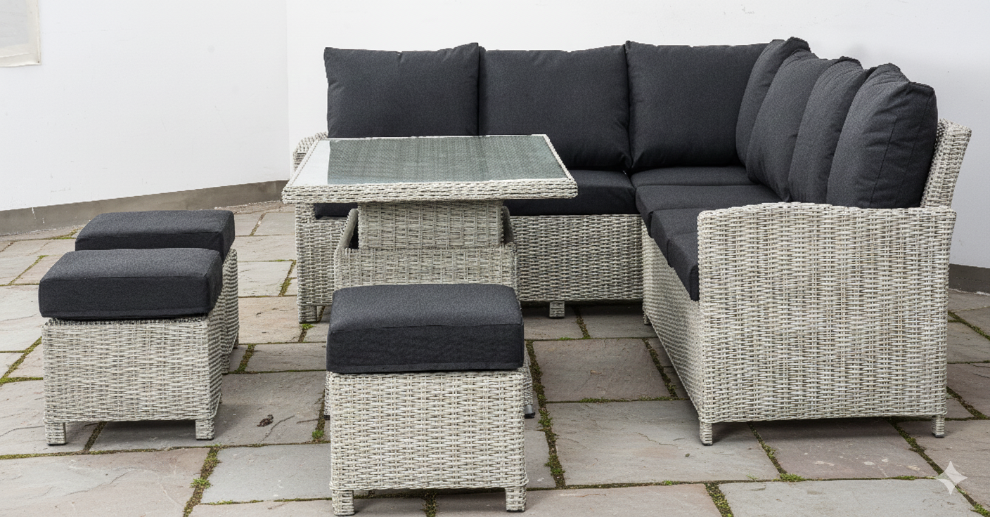 VIELE L-Shaped corner rattan premium lounge dining set with 3 stools - rising table in dark grey rattan
