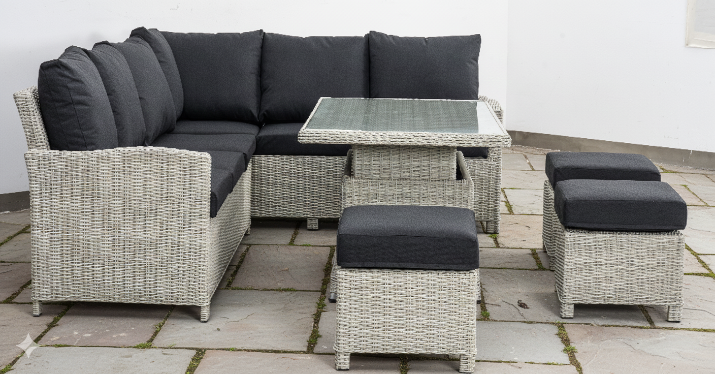 VIELE L-Shaped corner rattan premium lounge dining set with 3 stools - rising table in dark grey rattan